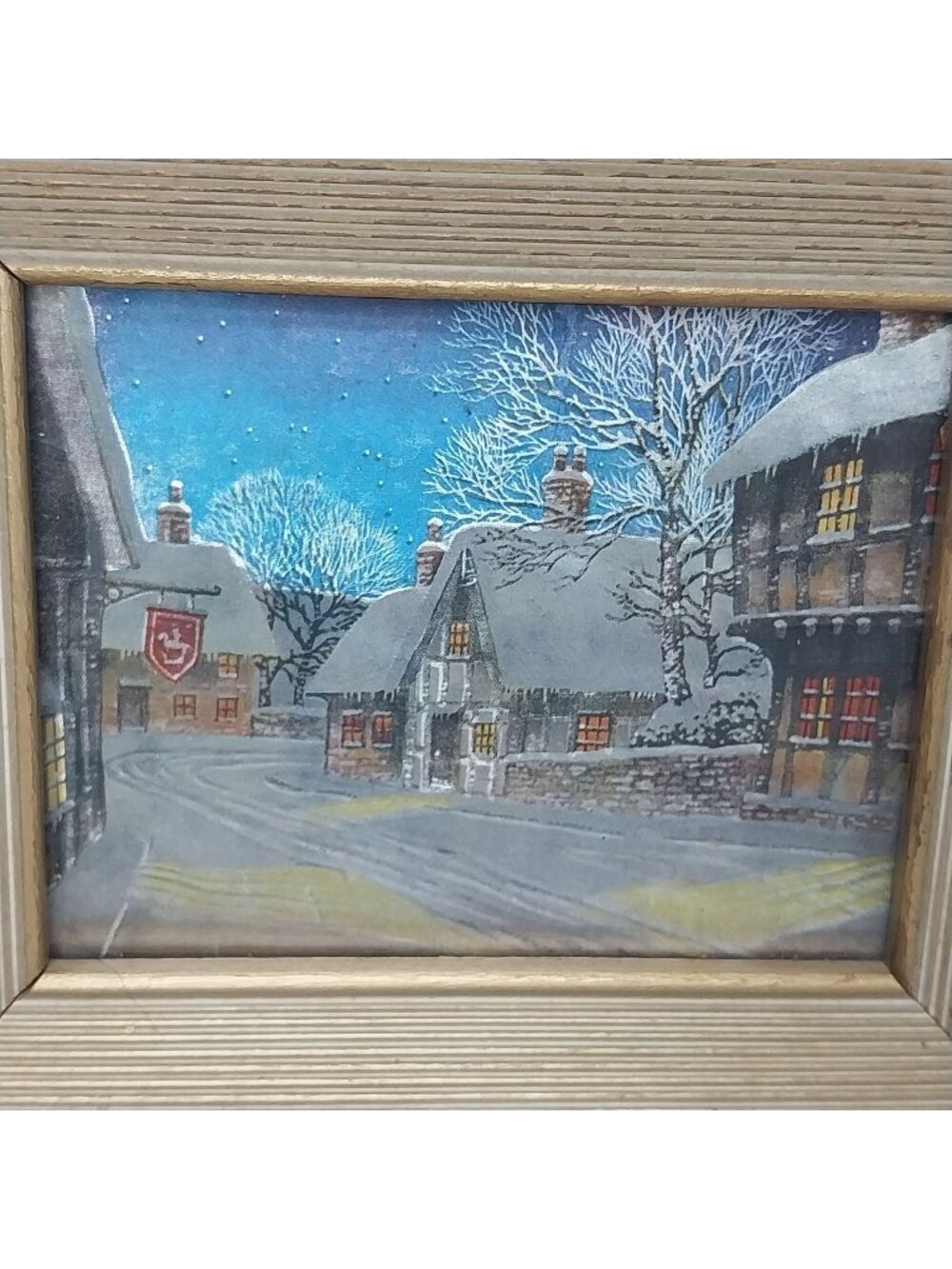 Vintage Franklin Picture Foil Lithograph Framed Artwork European Village Winter
